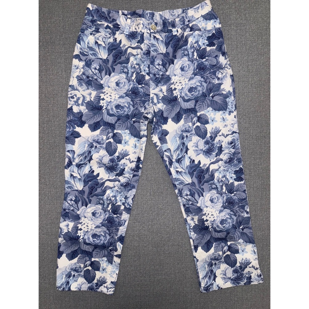 Excellent Lauren Ralph Lauren 12P Pants Blue White Floral Print Stretch Cotton